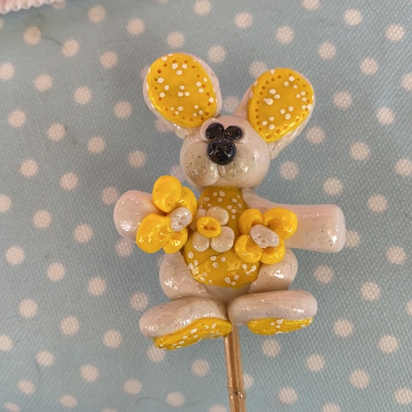 Handcrafted; Clay; Yellow; Bunny; Plant Stick